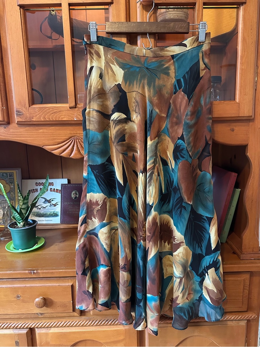 Jones New York Teal, Brown & Gold Floral Silk Circle Maxi/Midi Skirt